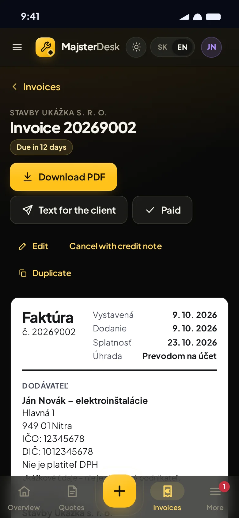 An invoice in the app, ready to send
