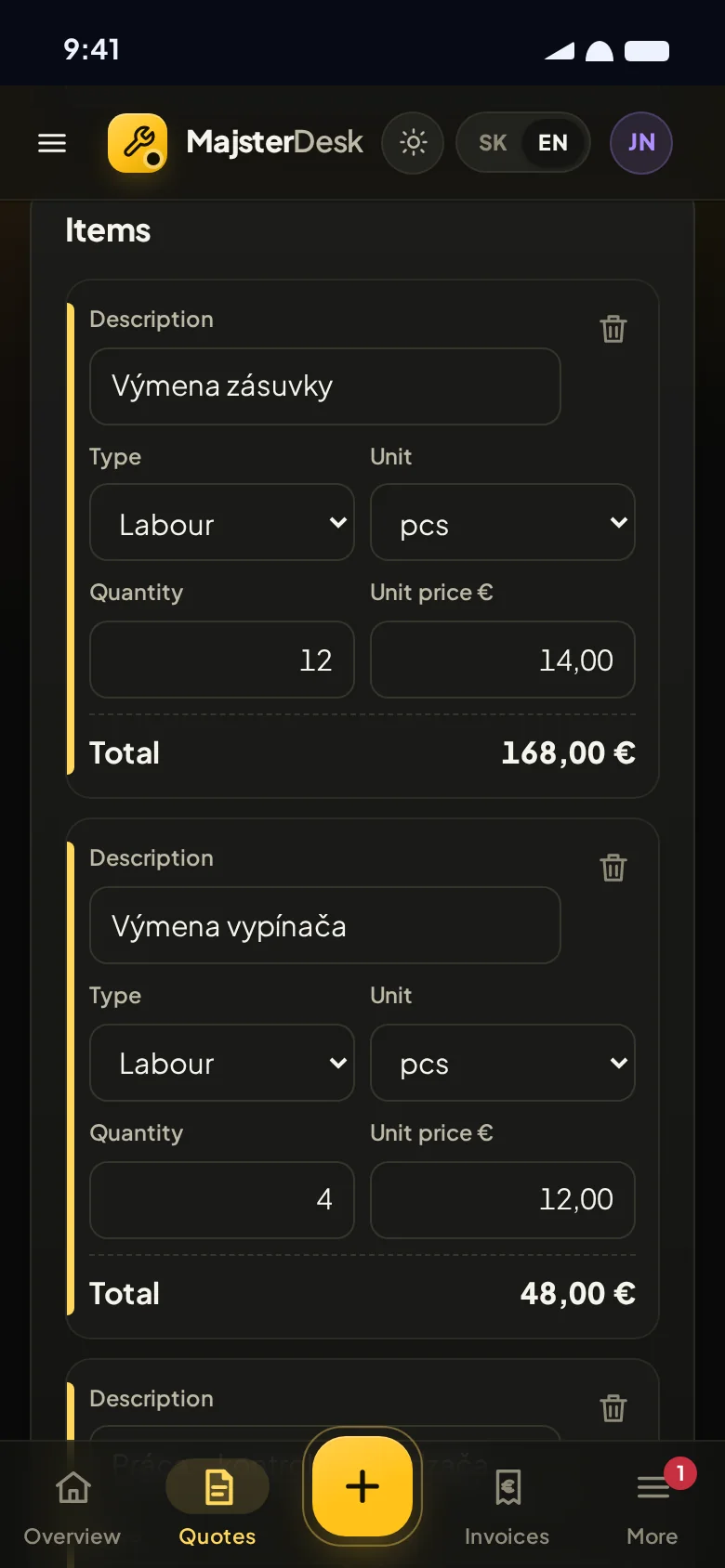 A quote in the app with items from the price list