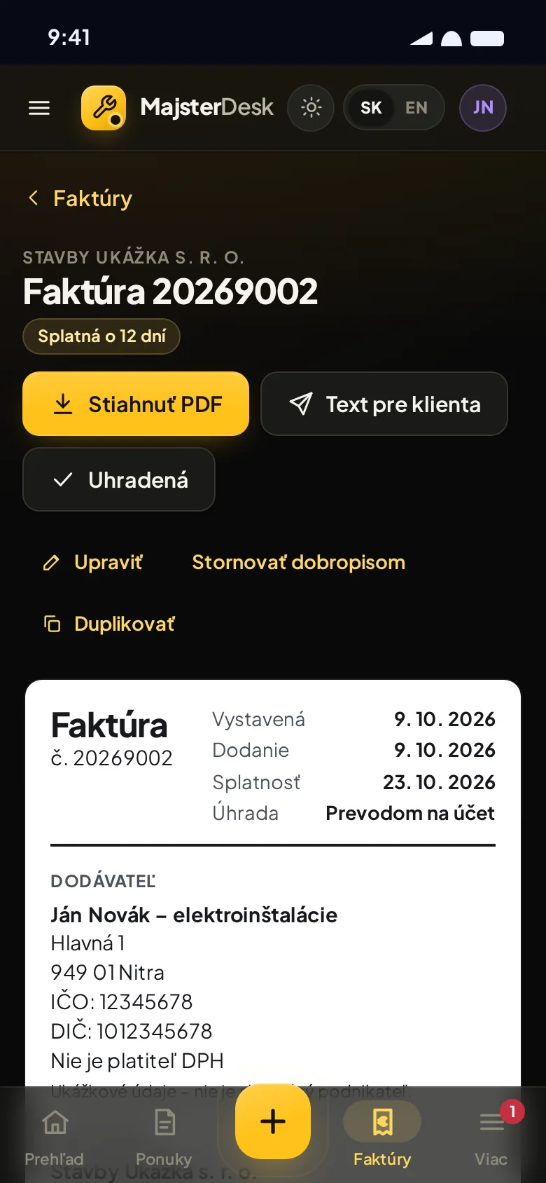 Faktúra v aplikácii pripravená na odoslanie