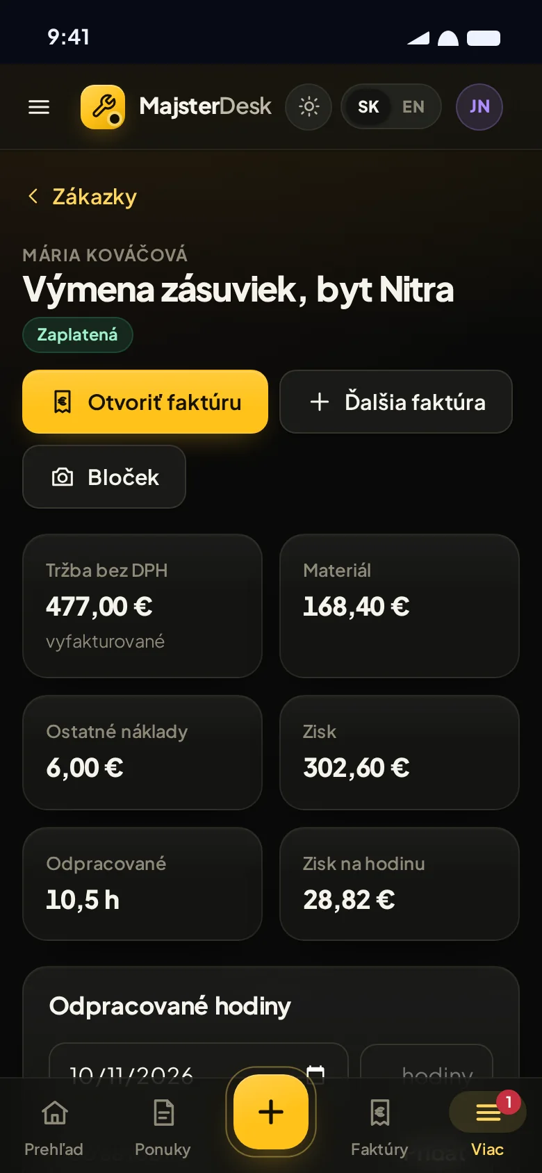 Zákazka s tržbou, nákladmi a ziskom na hodinu