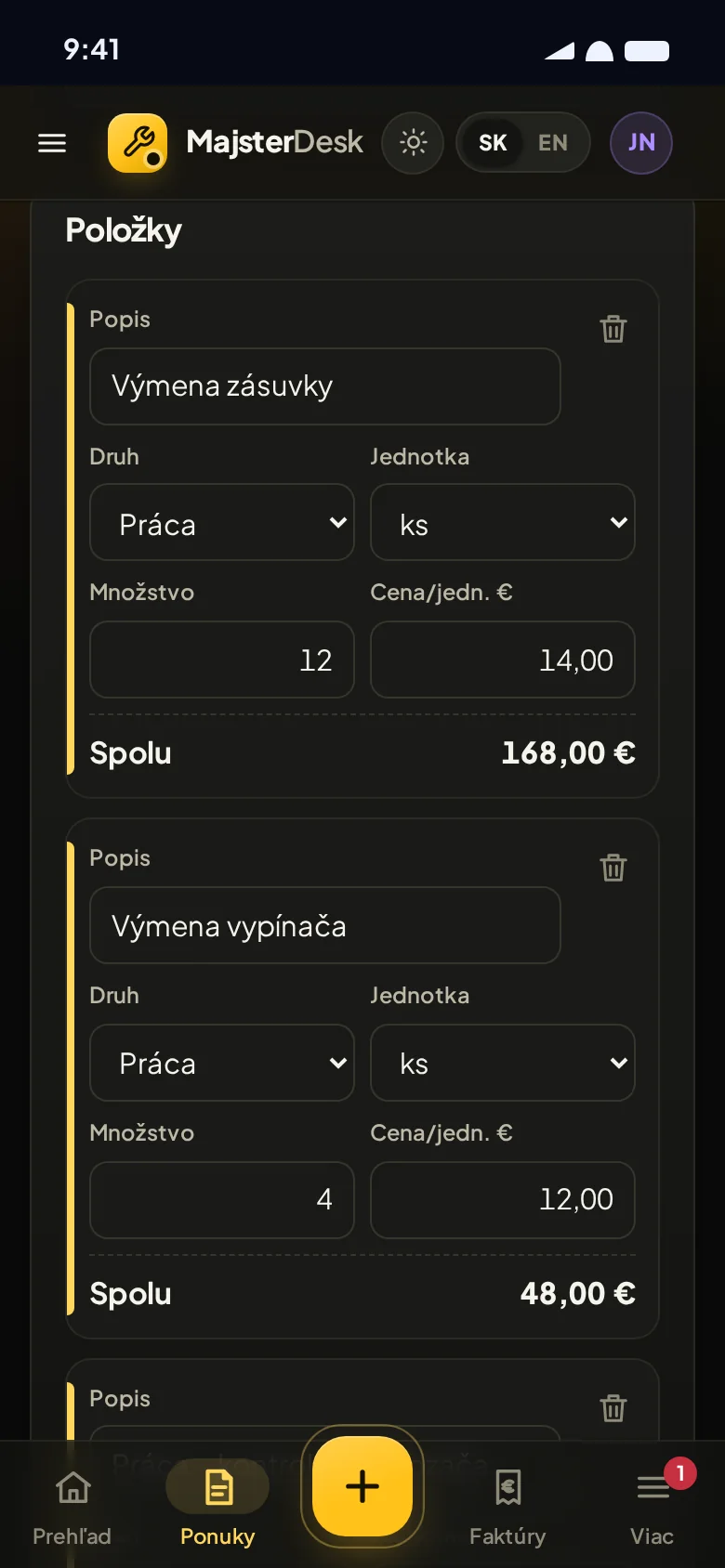 Cenová ponuka v aplikácii s položkami z cenníka