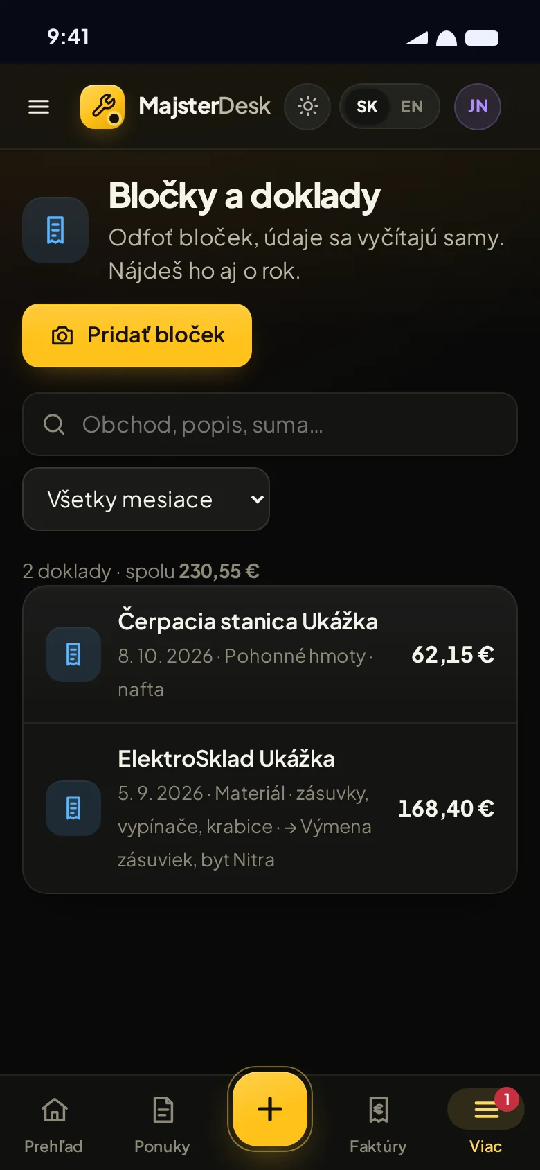 Bločky a doklady priradené k zákazkám